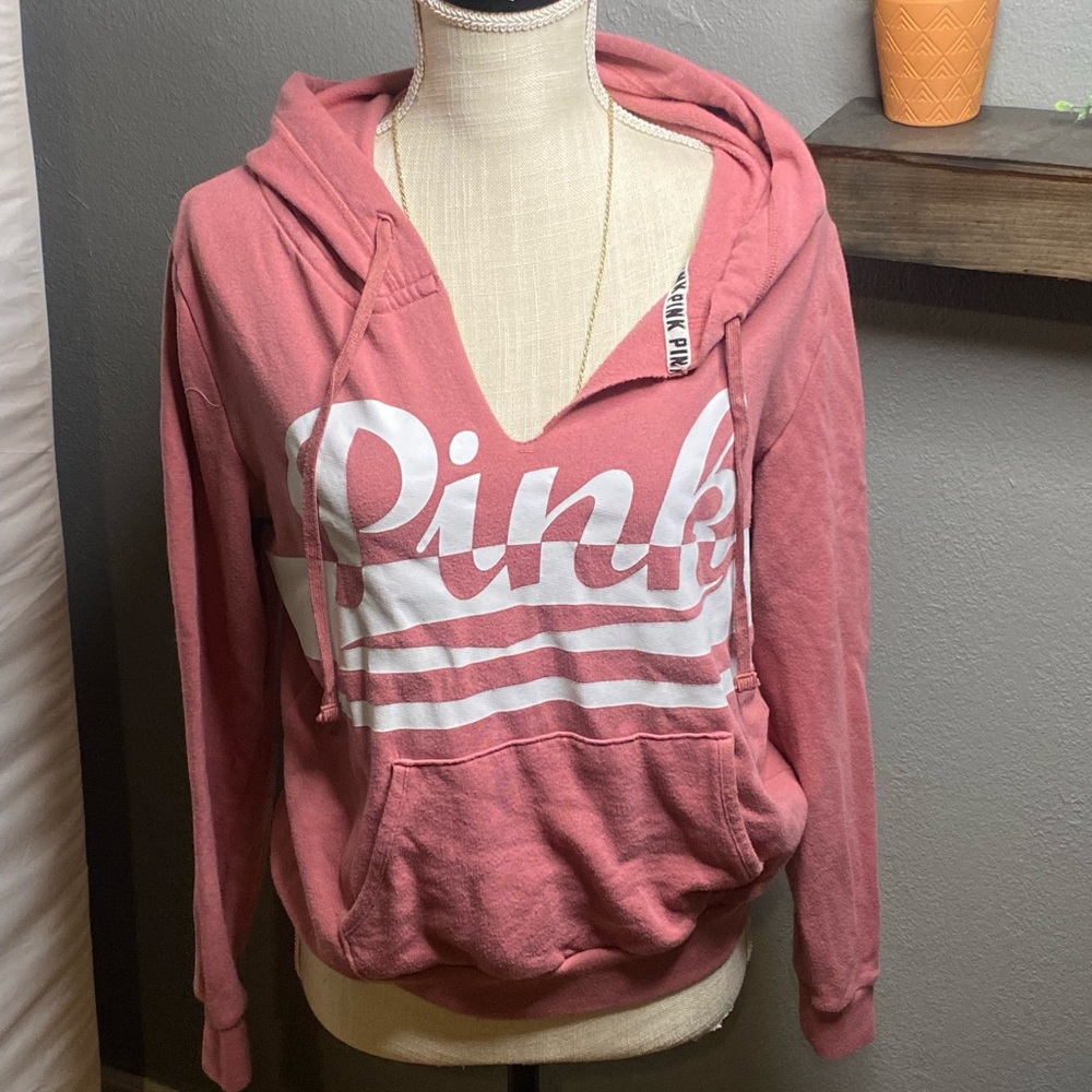 PINK Victoria's Secret Pink and White V-Neck Sweater